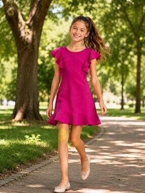 Girls' Fuchsia Ruffle Hem Dress